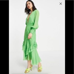BNWOT ASOS deep plunge button front midi dress with long sleeve & ruffle skirt 4
